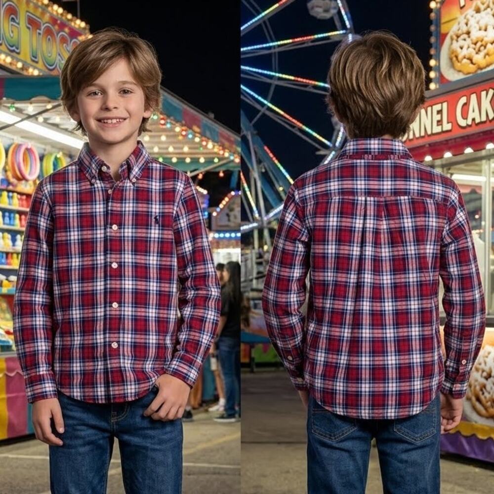 Polo Ralph Lauren Boys 4 4T Plaid Long Sleeve Button Shirt Red Blue 20.5 Chest